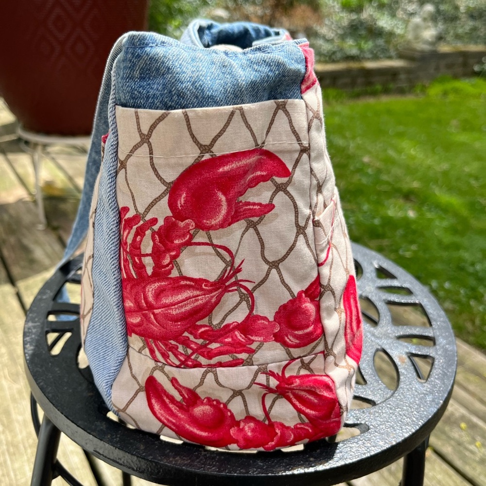 Hand Crafted Lobster Print and Denim Crossbody Bag - Picture 4 of 9